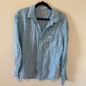 Faherty Light Blue Plaid Button-Up Shirt Men's XL Linen Beachy Casual Coastal
